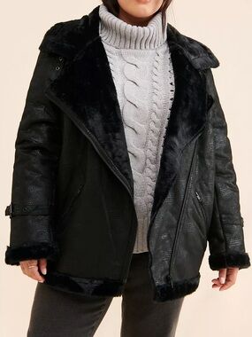 Hutch Rhys Sherpa Moto Jacket Faux Shearling Suede Black Size large